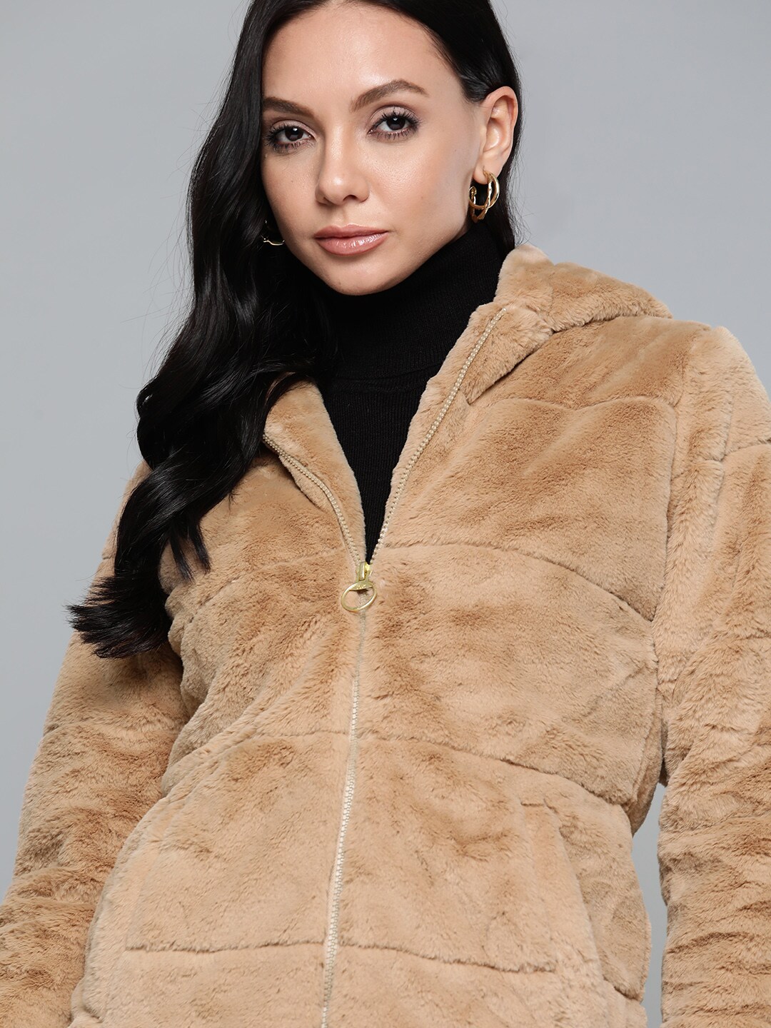 Chemistry Women Beige Solid Hooded Sherpa Jacket Price in India