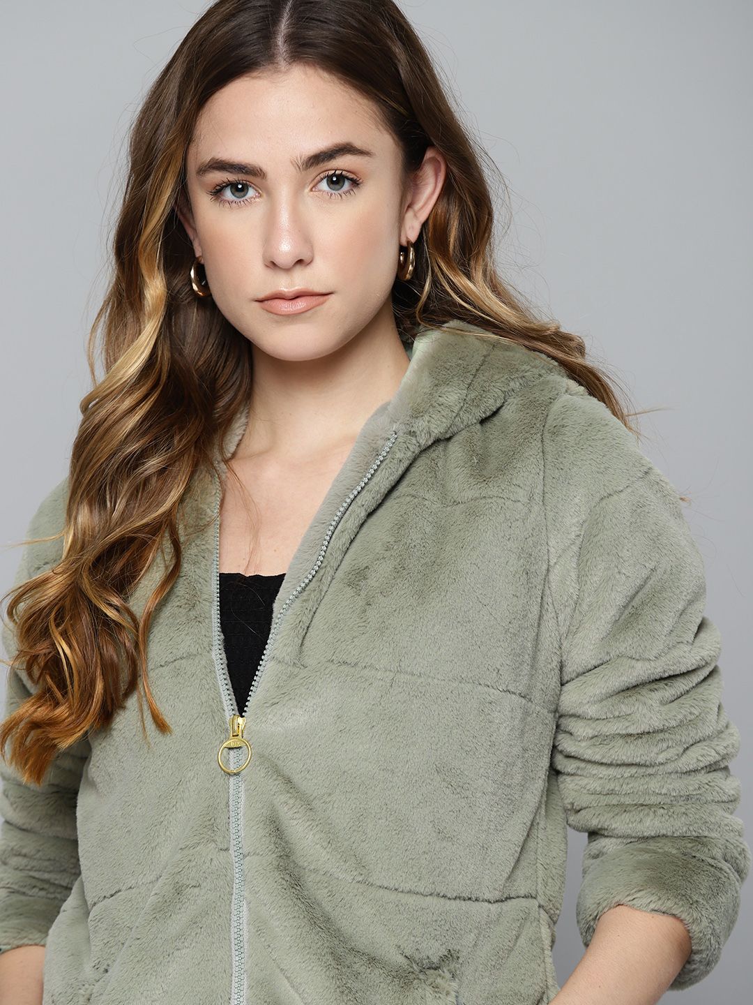 Chemistry Women Green Solid Hooded Faux Plush Jacket Price in India