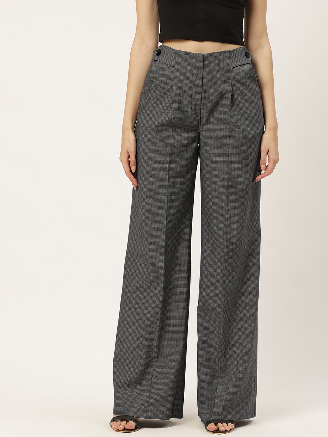 Trendyol Women Charcoal Grey Checked Pleated Parallel Trousers Price in India