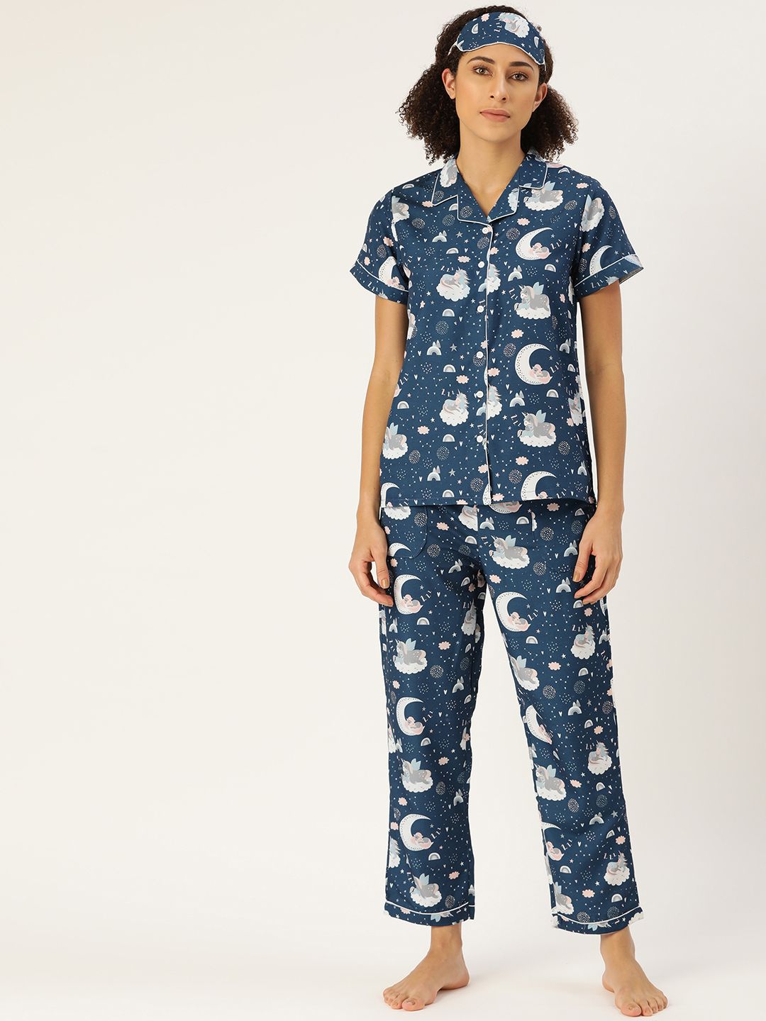 bedgasm Women Navy Blue & White Printed Pyjama Set with Eyemask Price in India