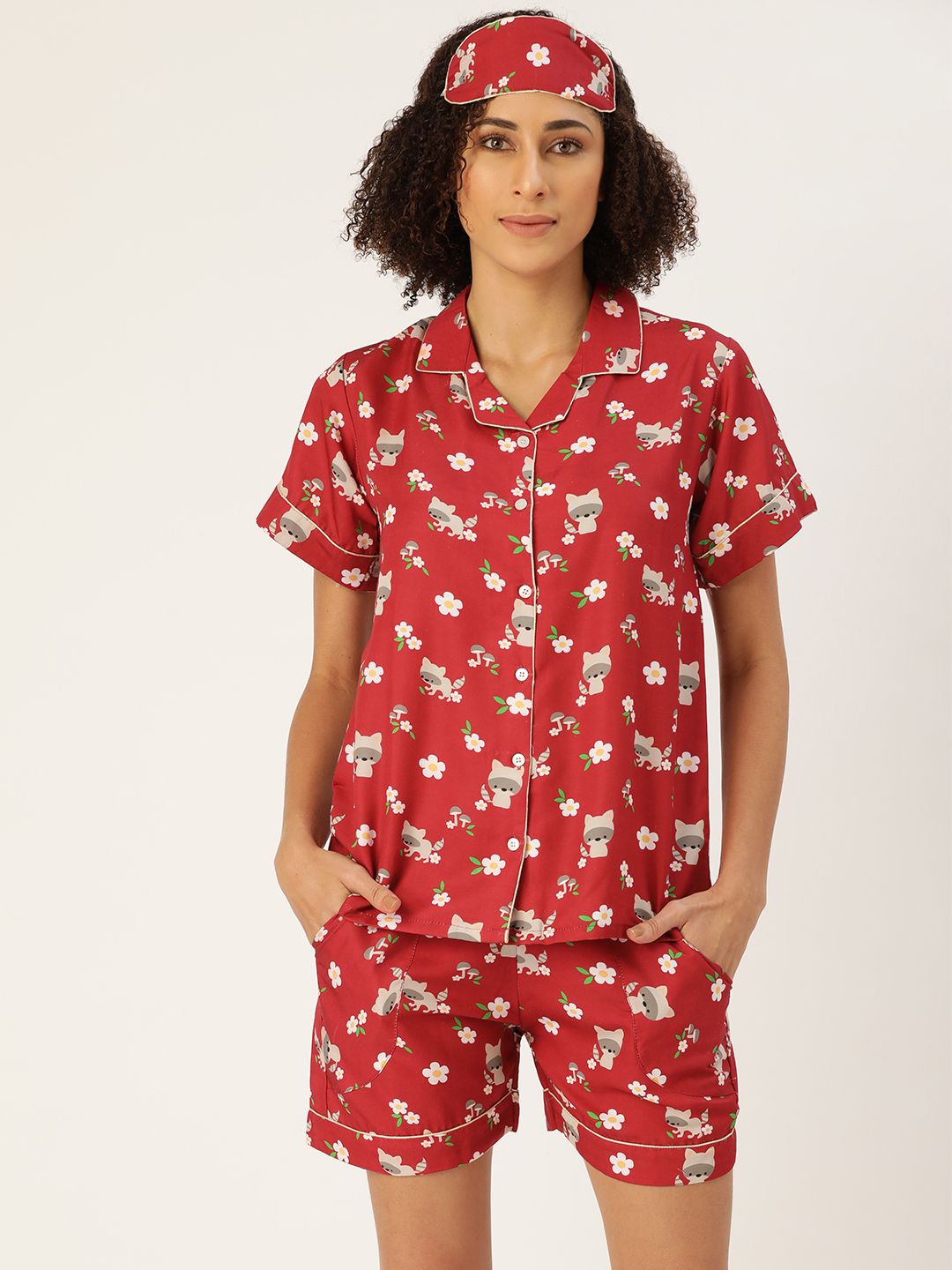 bedgasm Women Red & Off-White Printed Shorts Set with Eyemask Price in India