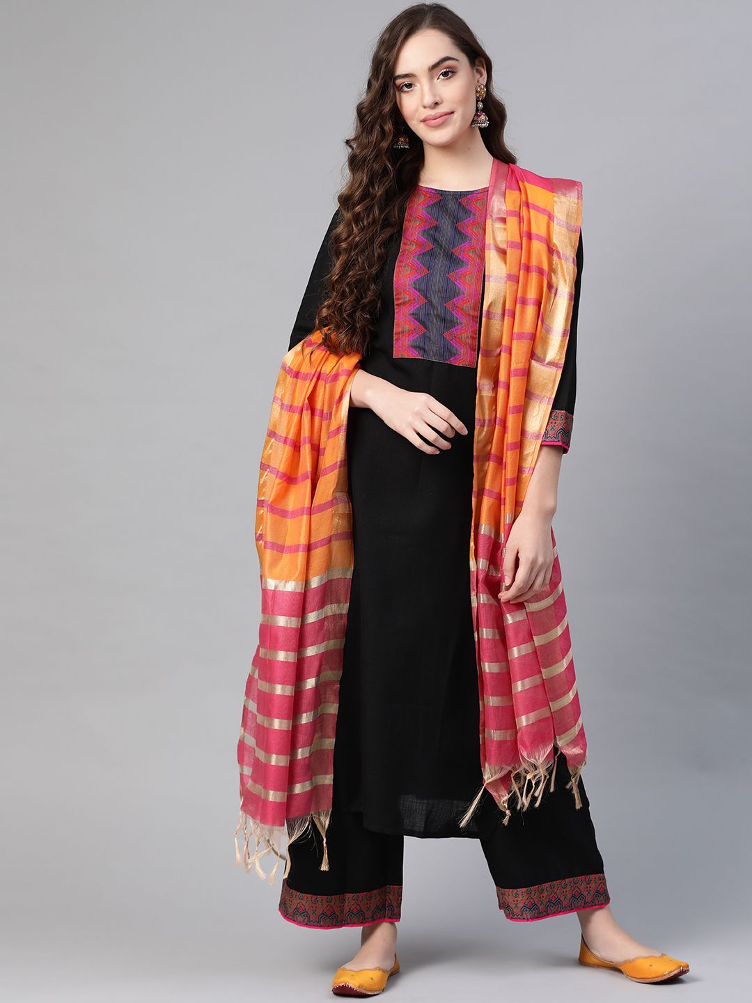 Indo Era Women Black Pure Cotton Yoke Design Kurta with Palazzos & Dupatta Price in India