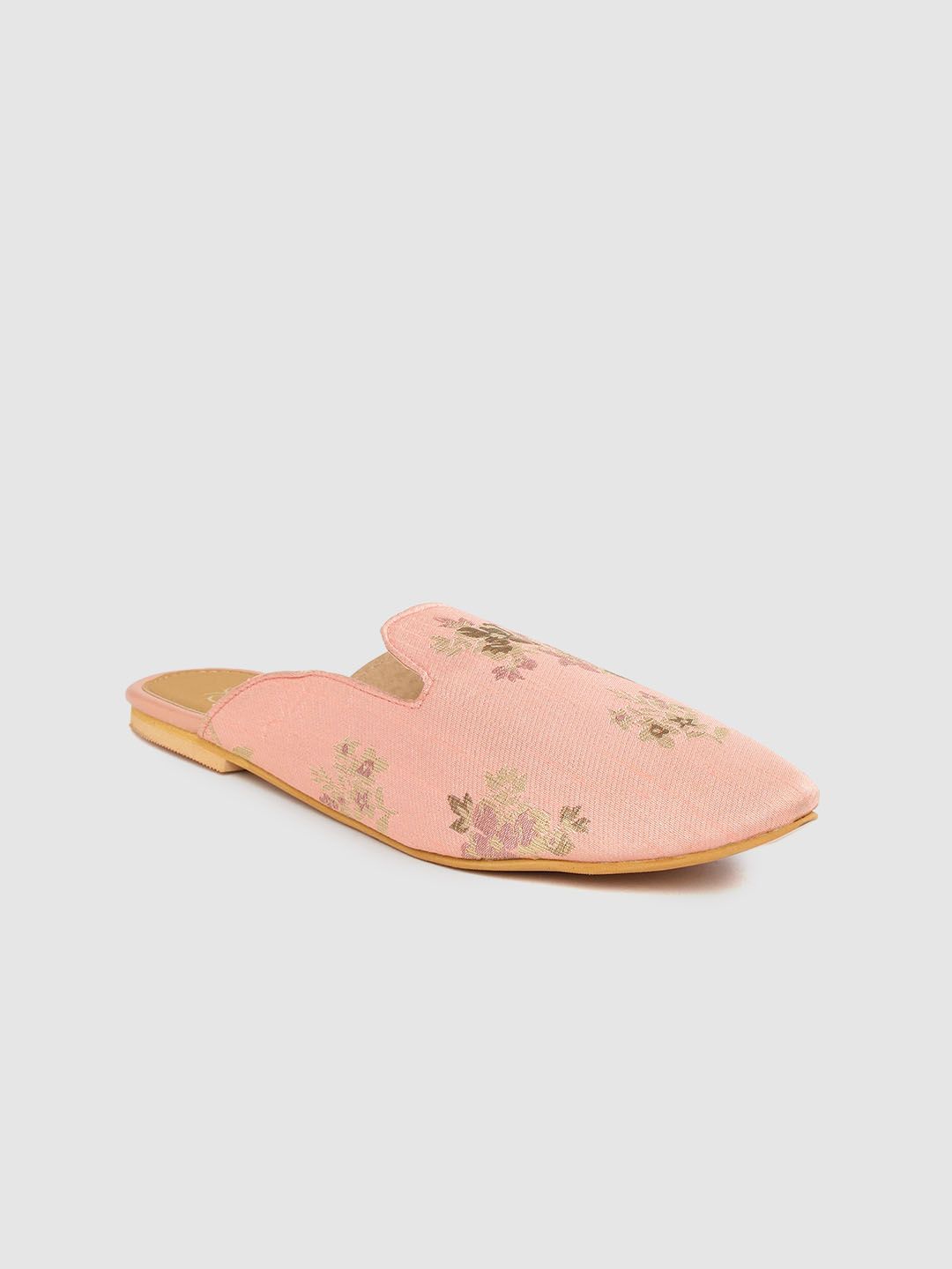 House of Pataudi Women Pink & Beige Woven Design Ethnic Mules