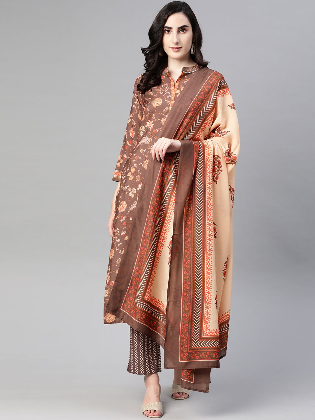 AHIKA Women Taupe & Beige Ethnic Motifs Printed Kurta with Trousers & Dupatta Price in India