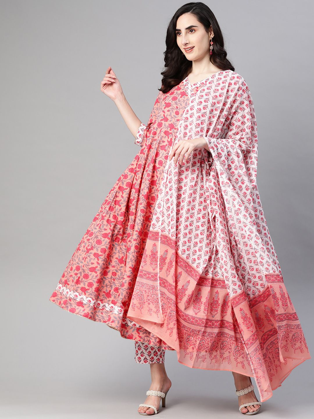 AHIKA Women Pink & White Printed Pure Cotton Anarkali Angrakha Kurta Set Price in India