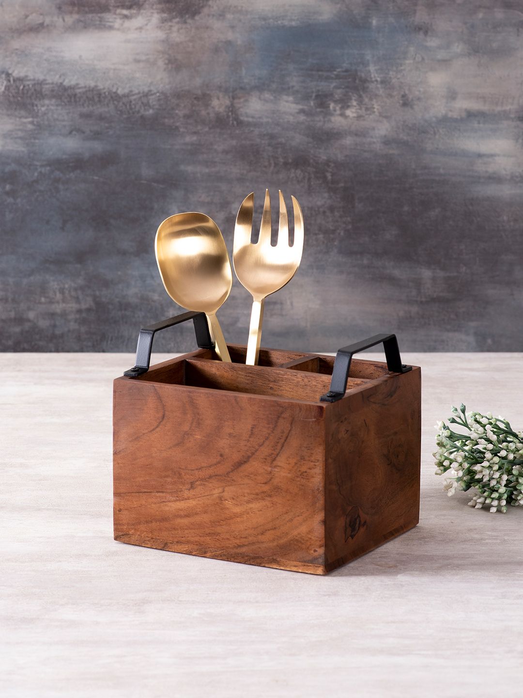nestroots Brown & Black Wooden Cutlery Stand & Set of 2 Serving Spoons Price in India