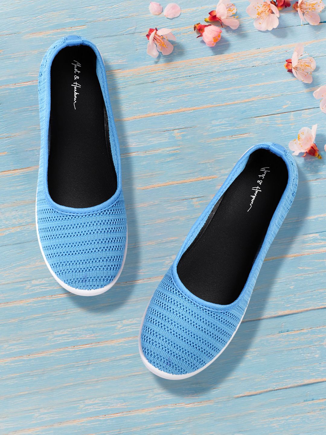 Mast & Harbour Women Blue Self-Striped Sporty Look Ballerinas Price in India