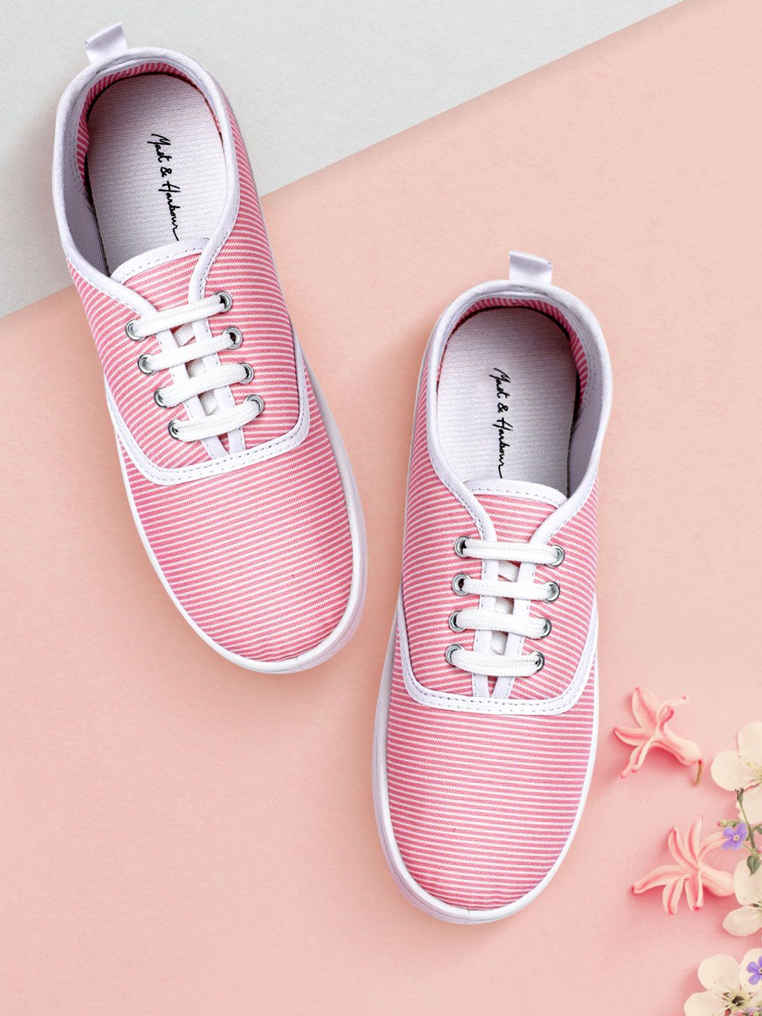 Mast & Harbour Women Pink & White Striped Sneakers Price in India