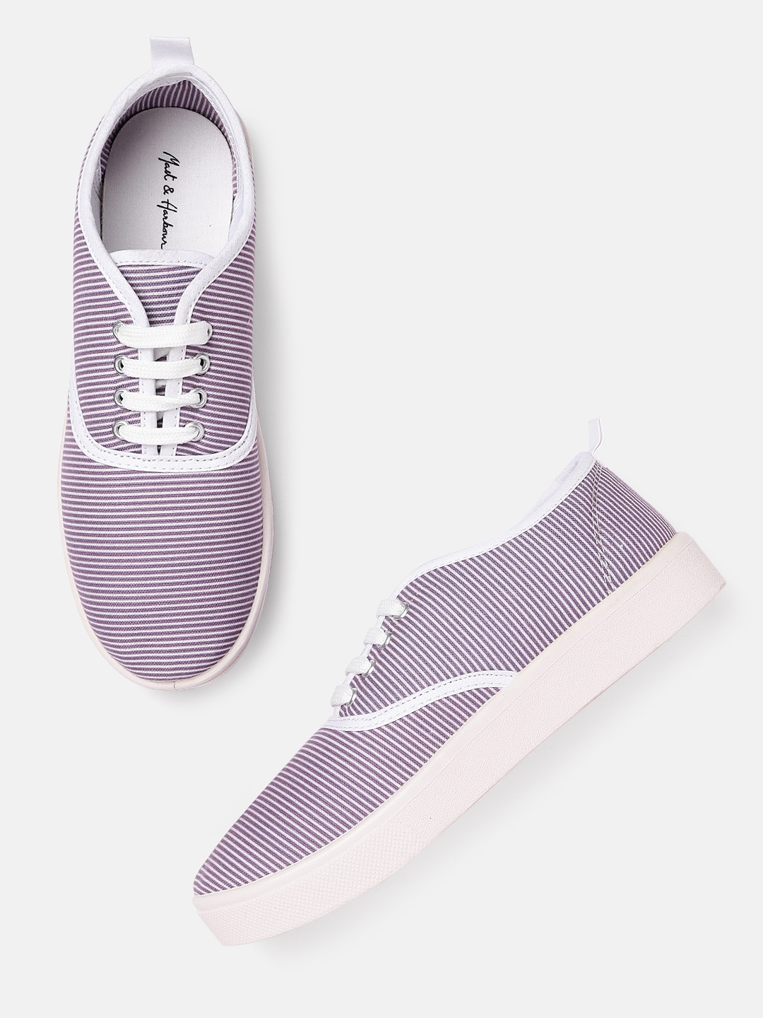 Mast & Harbour Women White and Purple Striped Sneakers Price in India