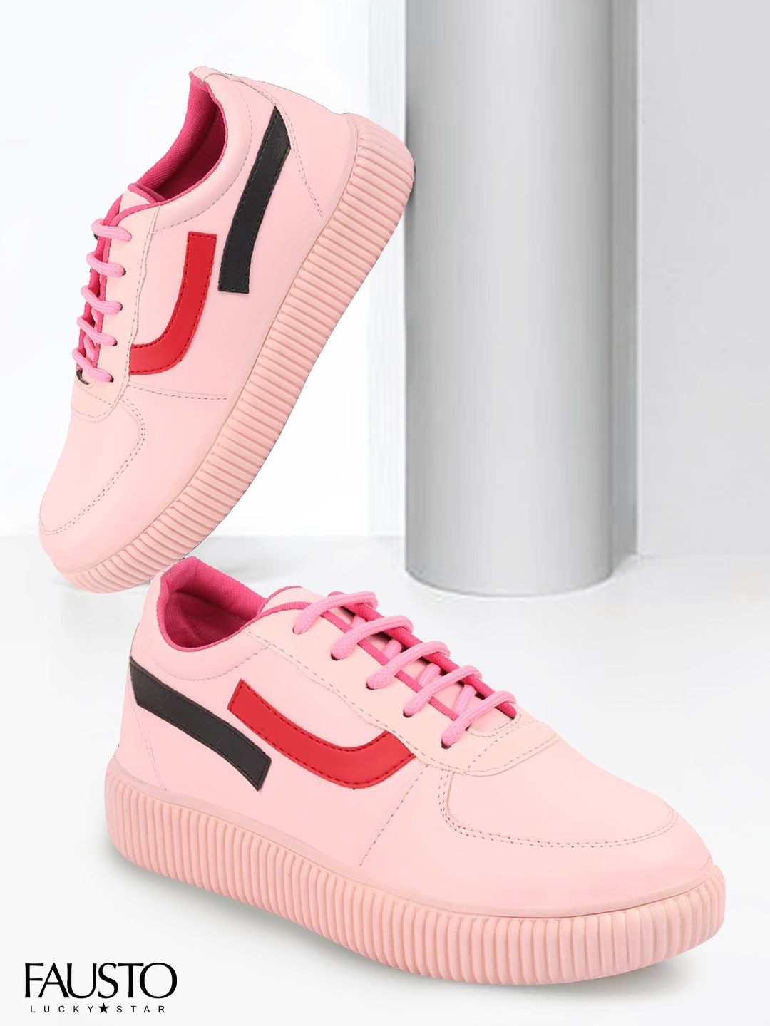 FAUSTO Women Pink Striped PU Sneakers Price in India