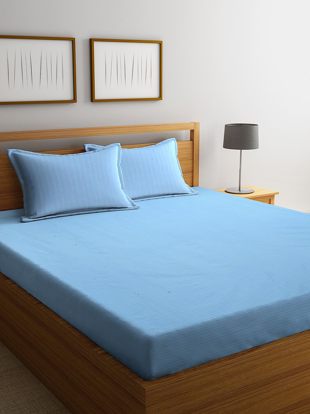HOSTA HOMES Blue Striped 300 TC Cotton 1 King Bedsheet with 2 Pillow Covers Price in India