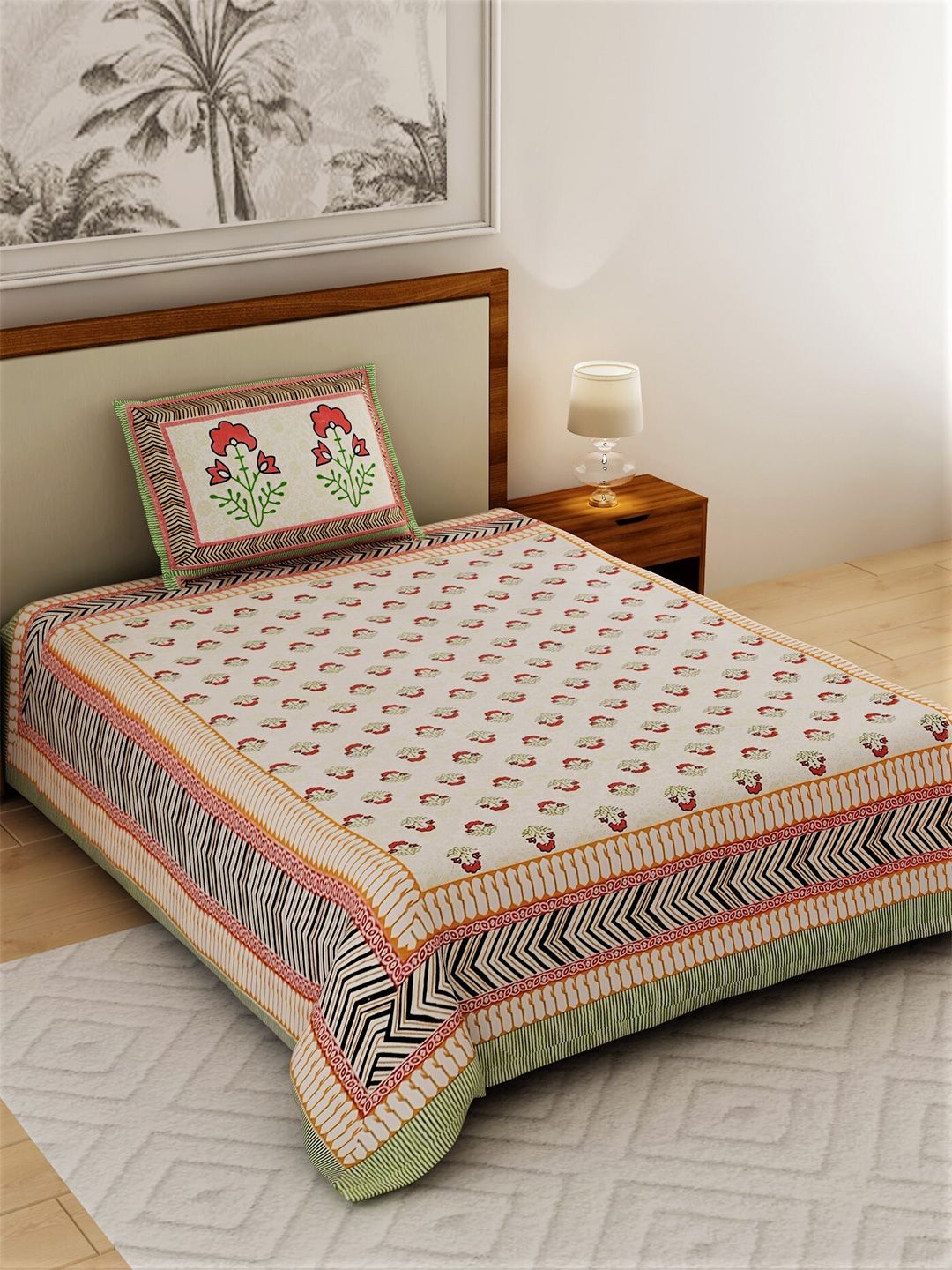 Salona Bichona Cream-Coloured & Red Floral 120 TC Cotton 1 Single Bedsheet with 1 Pillow Covers Price in India