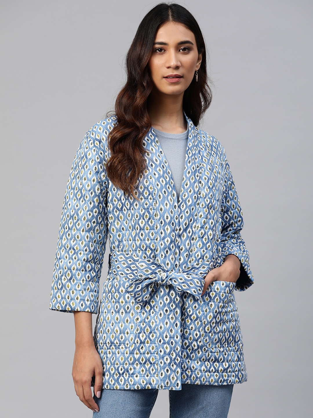 Marks & Spencer Women Blue White Floral Longline Open Front Jacket Price in India