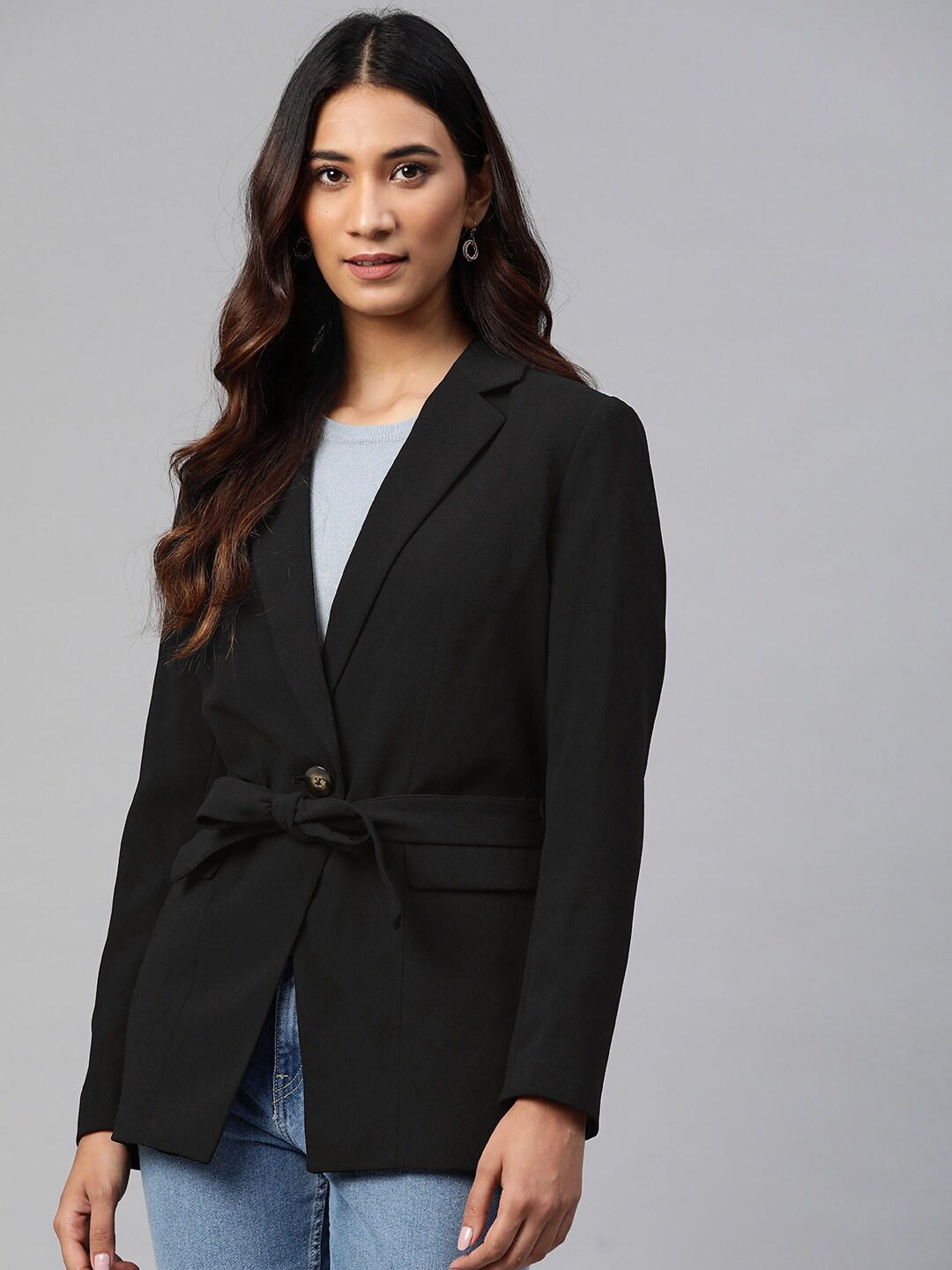 Marks & Spencer Women Black Solid Single Breasted Blazer with Belt Price in India