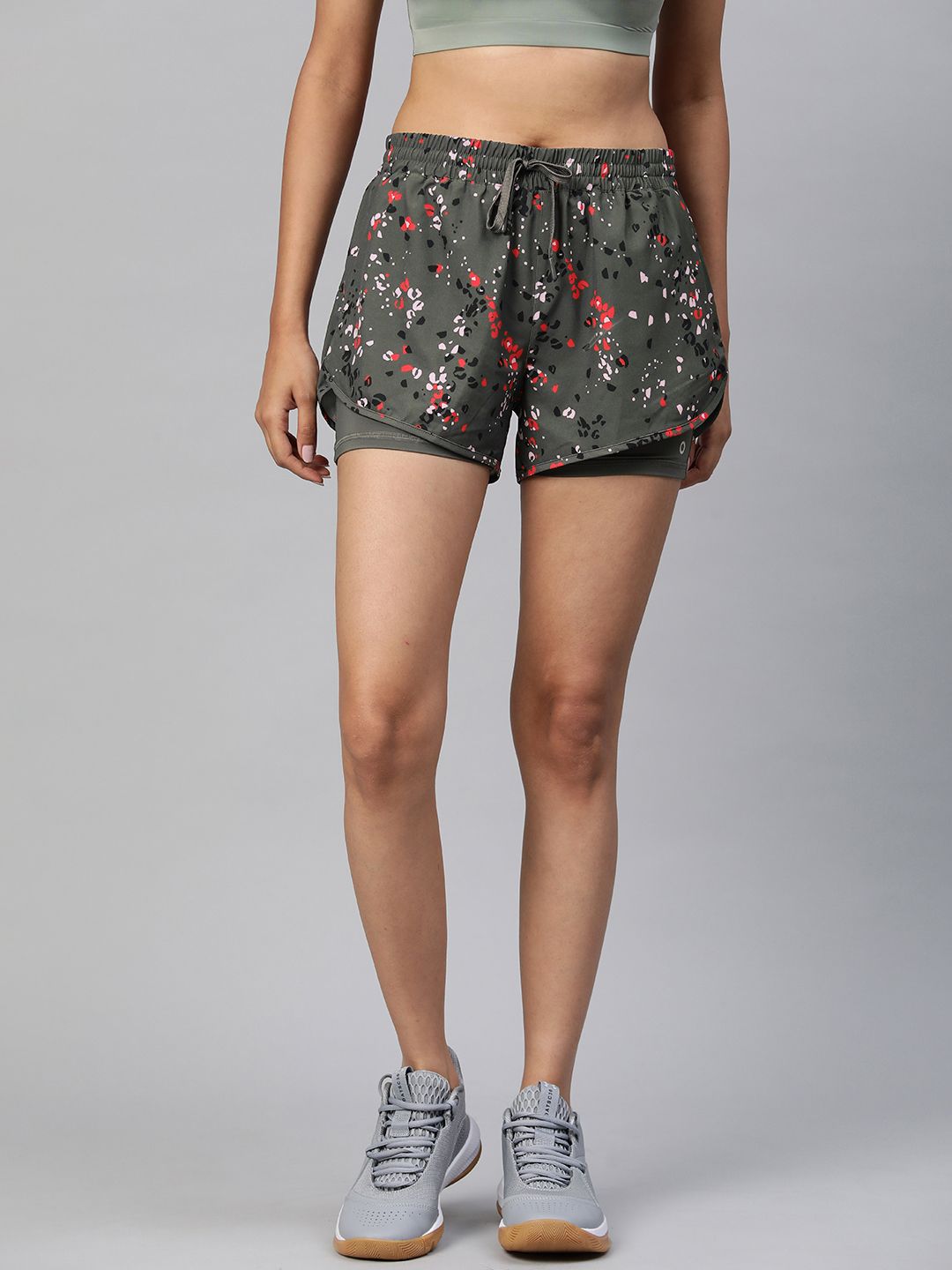 Marks & Spencer Women Olive Green & Red Printed Mid-Rise Sports Shorts Price in India