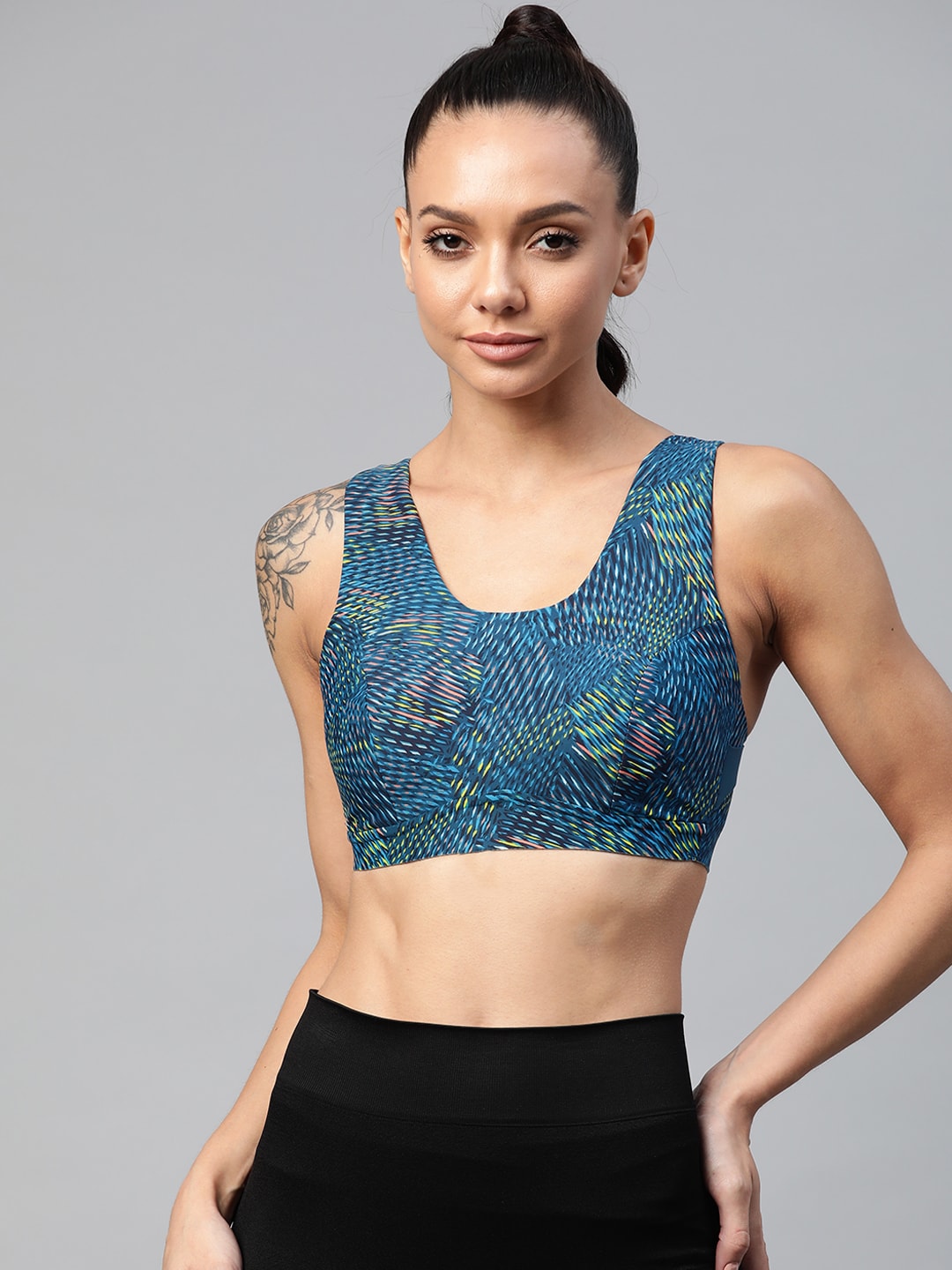 Marks & Spencer Blue & Yellow Printed Workout Bra - Medium Coverage Price in India