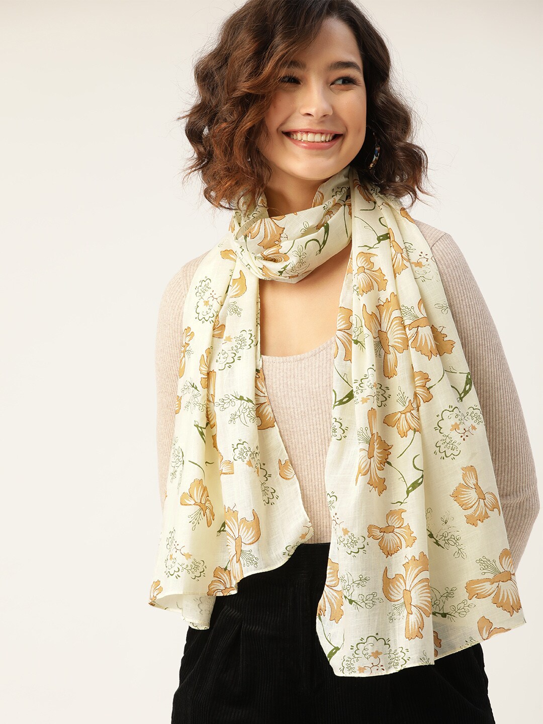 DressBerry Women Yellow & Olive Green Pure Cotton Printed Scarf Price in India