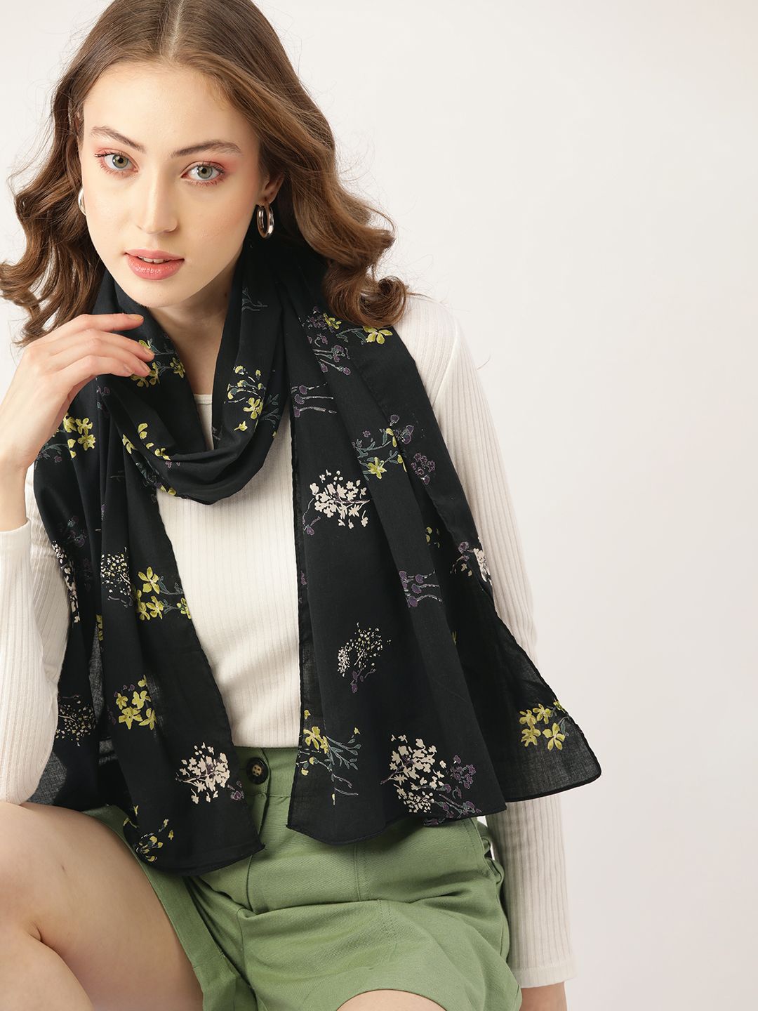 DressBerry Women Black & Yellow Floral Printed Pure Cotton Scarf Price in India