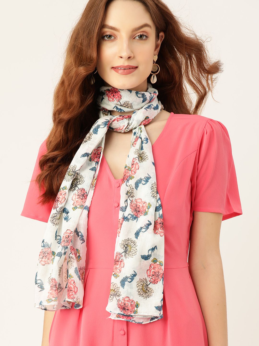 DressBerry Women White & Pink Floral Print Stole Price in India