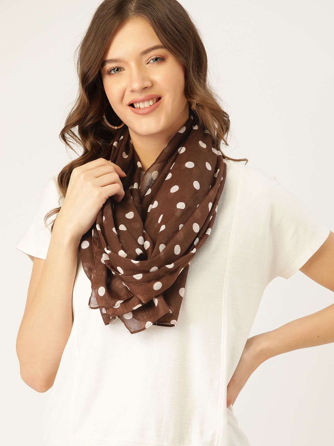 DressBerry Women Brown & White Polka Dot Printed Cotton Stole Price in India