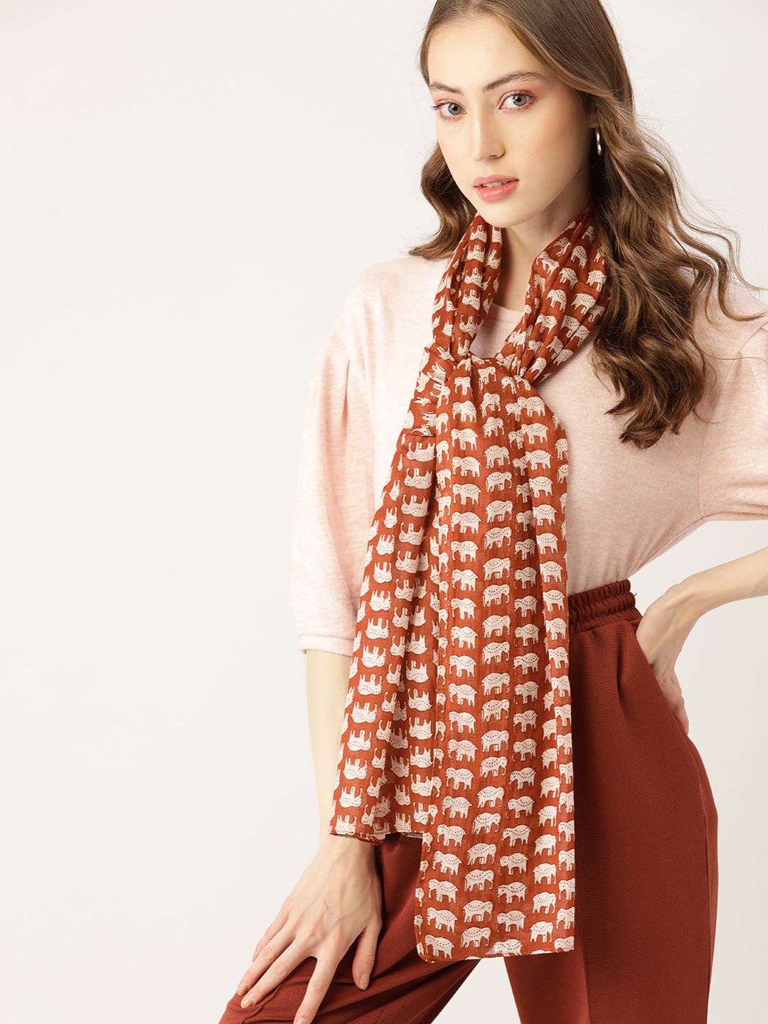 DressBerry Women Rust Brown & Off-White Elephant Printed Pure Cotton Scarf Price in India