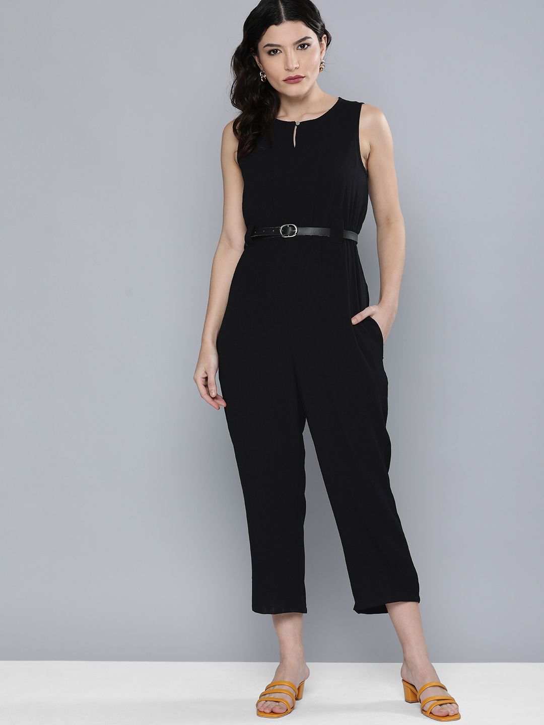 Chemistry Women Black Solid Basic Sleeveless Jumpsuit With A Belt Price in India