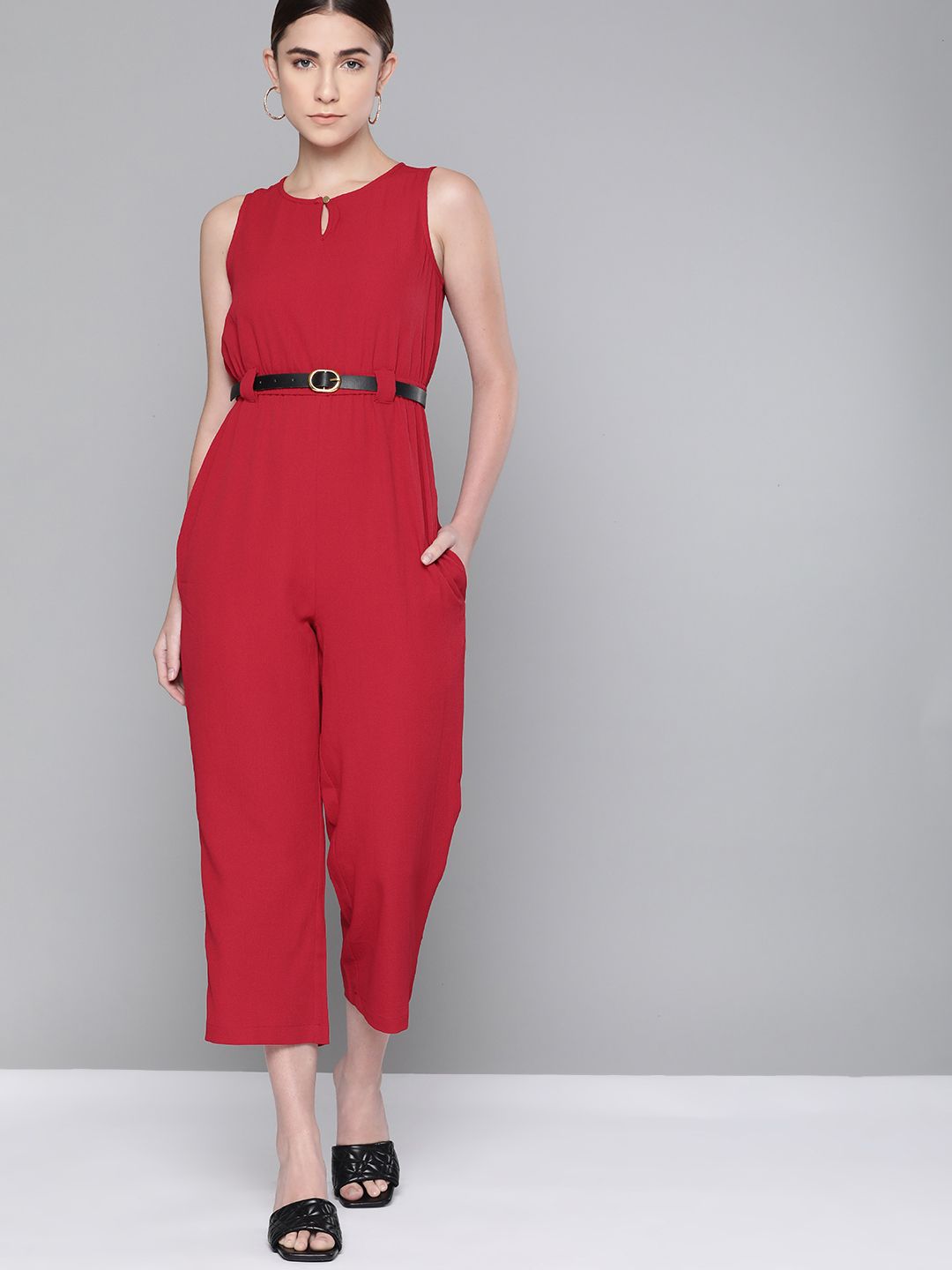 Chemistry Red Cropped Belted Jumpsuit Price in India