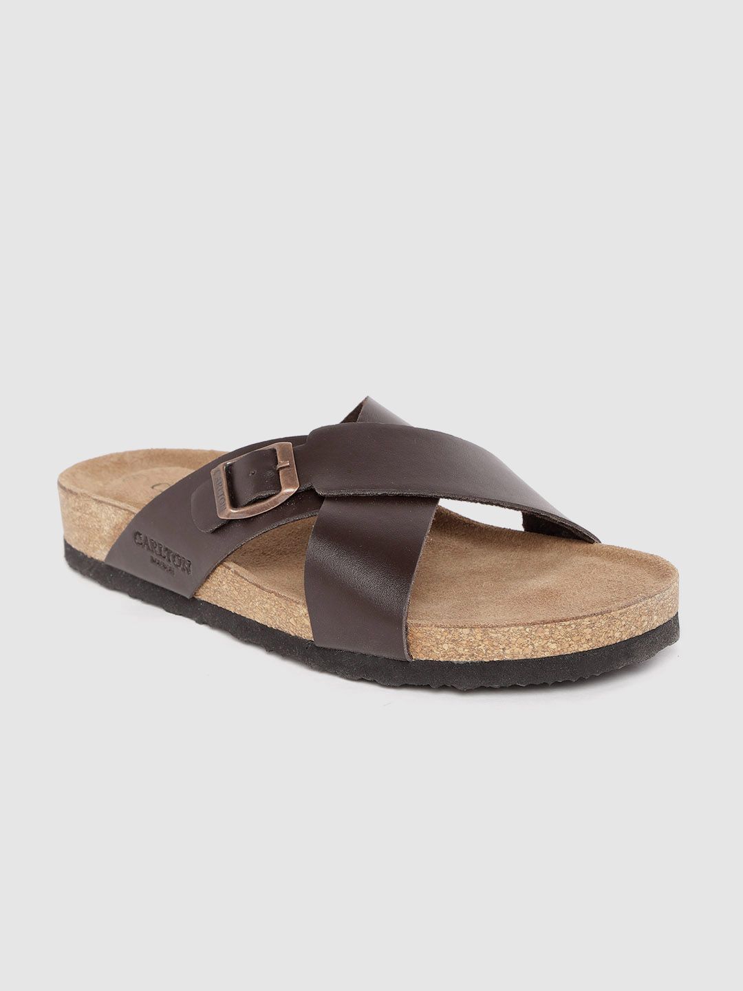 Carlton London Men Coffee Brown Solid Comfort Sandals with Buckle Detail