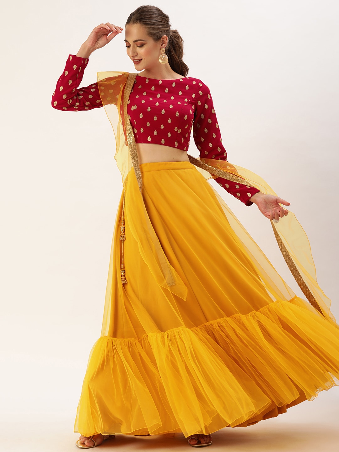 EthnoVogue Magenta & Yellow Embroidered Made to Measure Lehenga & Blouse With Dupatta Price in India