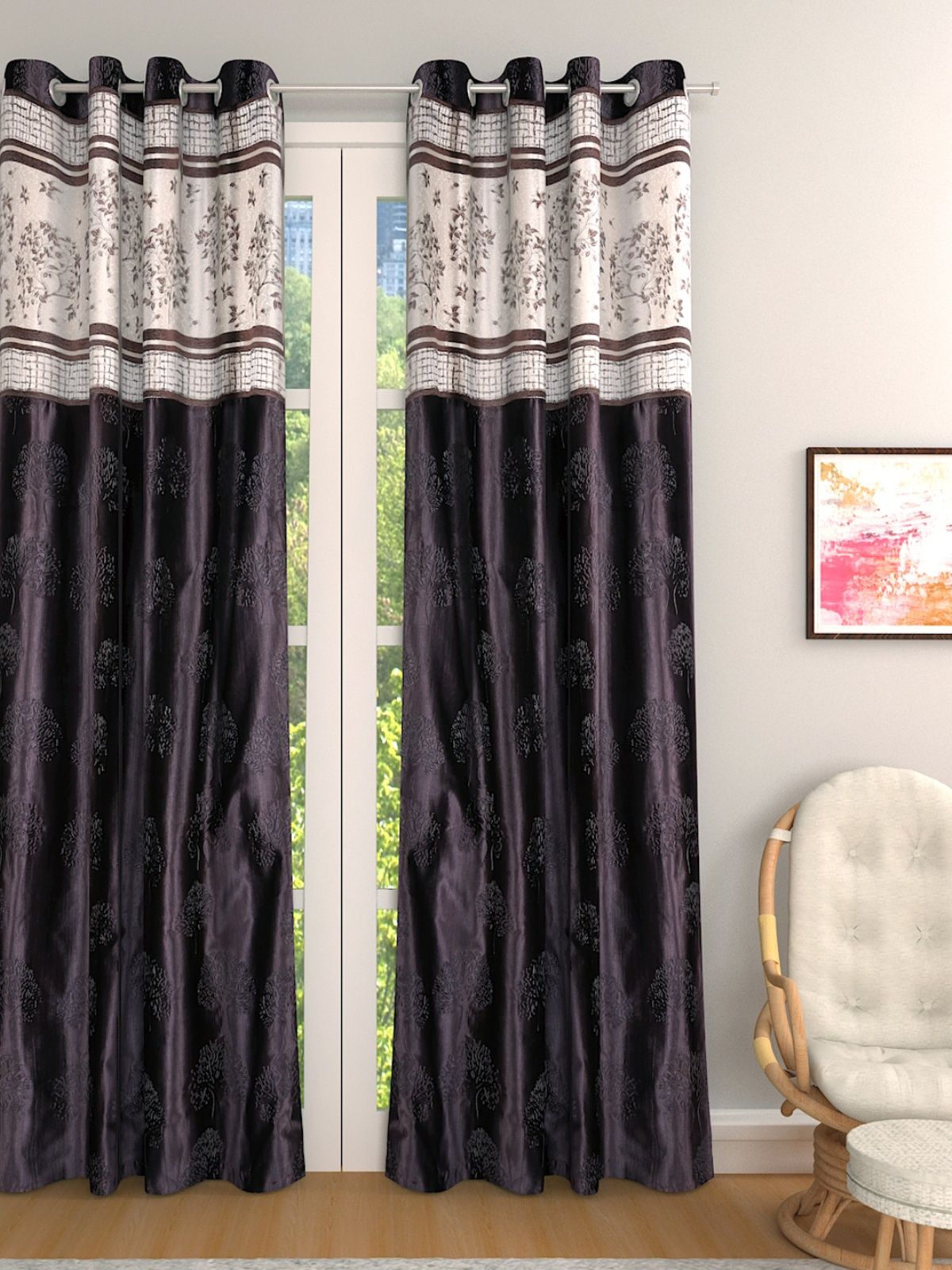 ROMEE Coffee Brown & Off-White Single Room Darkening Curtain Price in India