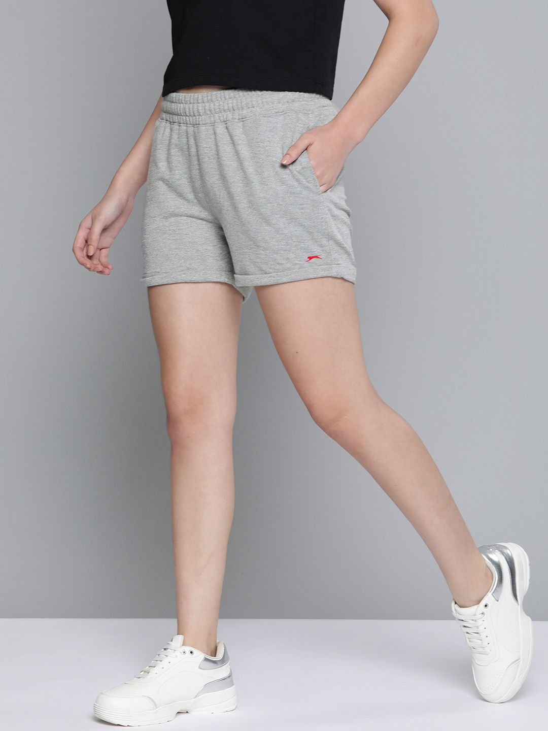 Slazenger Women Grey Melange Solid Mid-Rise Sports Shorts Price in India