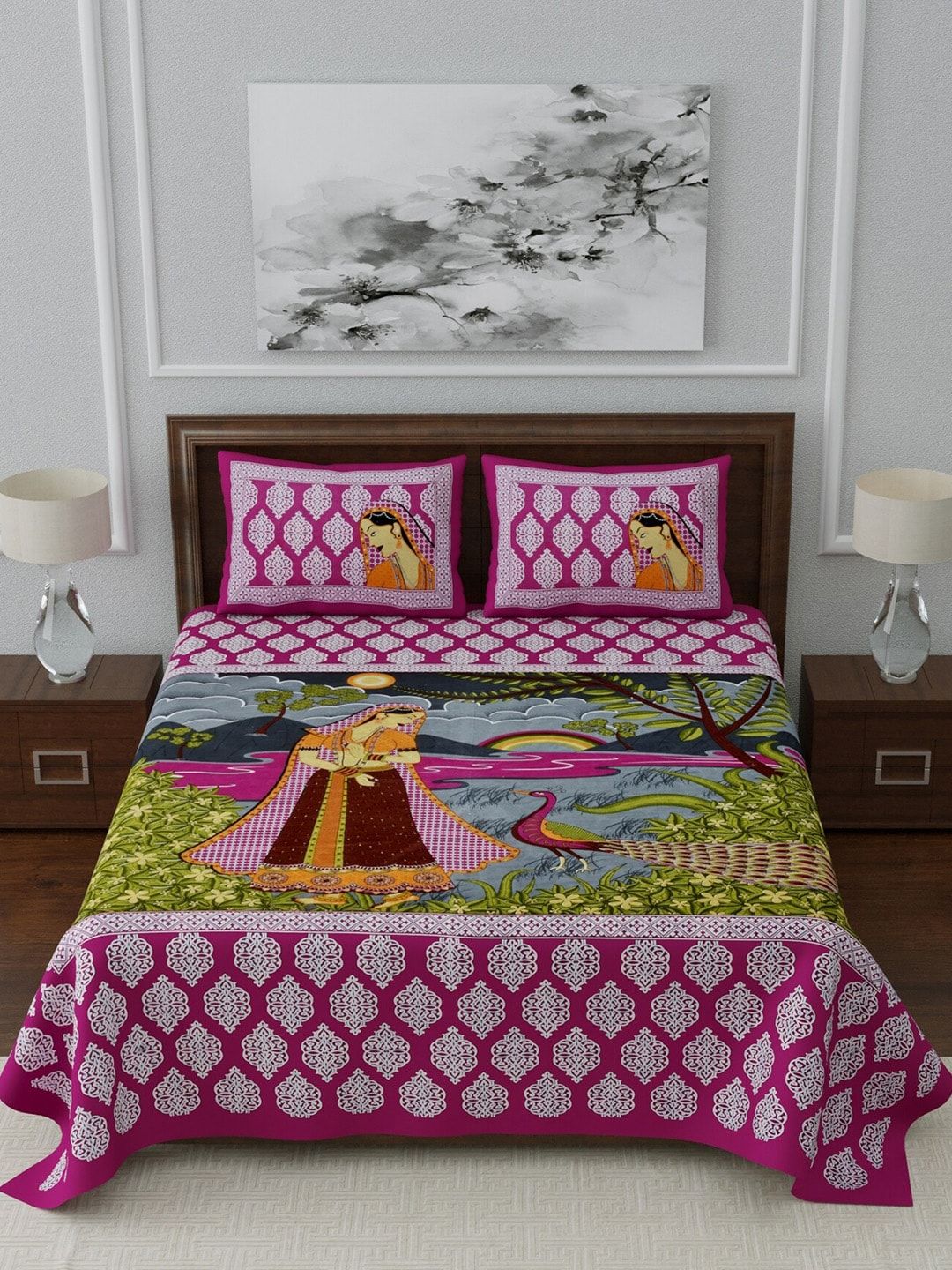 LIVING ROOTS Pink & White Block Print 144 TC Cotton 1 Queen Bedsheet with 2 Pillow Covers Price in India