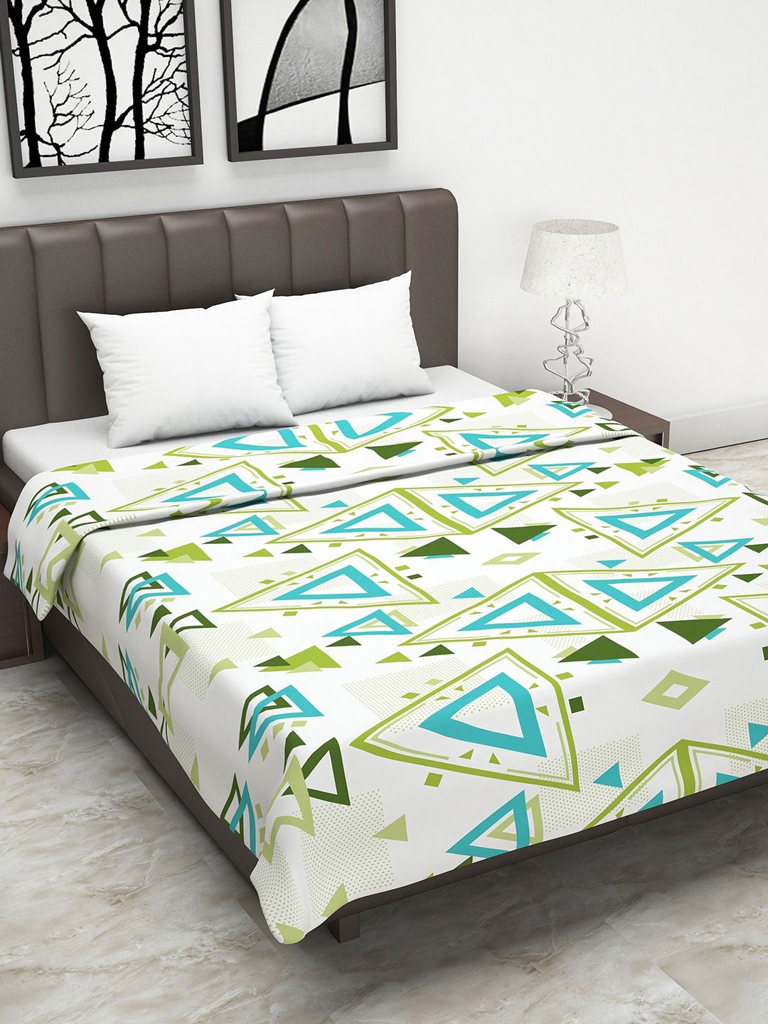 Divine Casa White & Turquoise Blue Geometric AC Room 110 GSM Double Bed Dohar Price in India