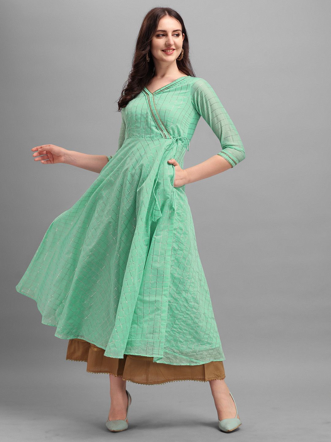 Inddus Women Green Yoke Design Anarkali Kurta