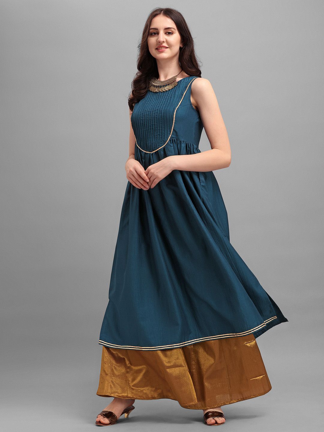 Inddus Women Teal Yoke Design Gotta Patti A-line Kurta with Pocket Price in India