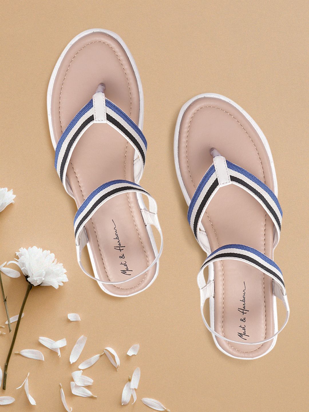 Mast & Harbour Women Blue & White Striped Open Toe Flats Price in India