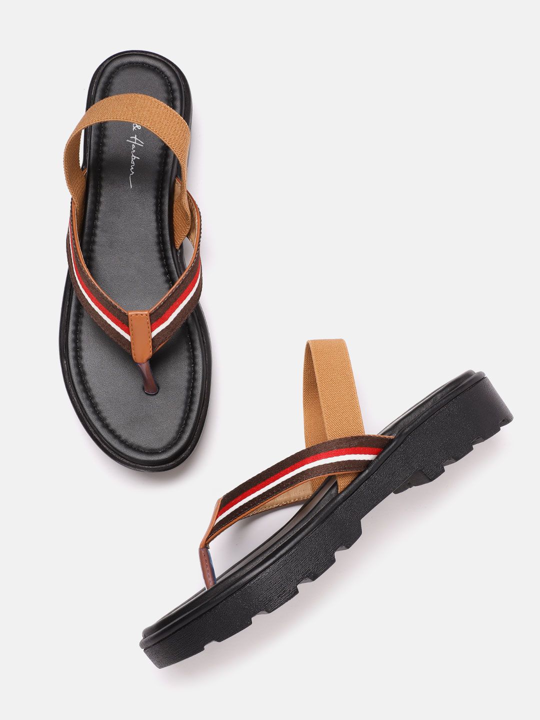 Mast & Harbour Women Brown & Red Striped Open Toe Flats Price in India