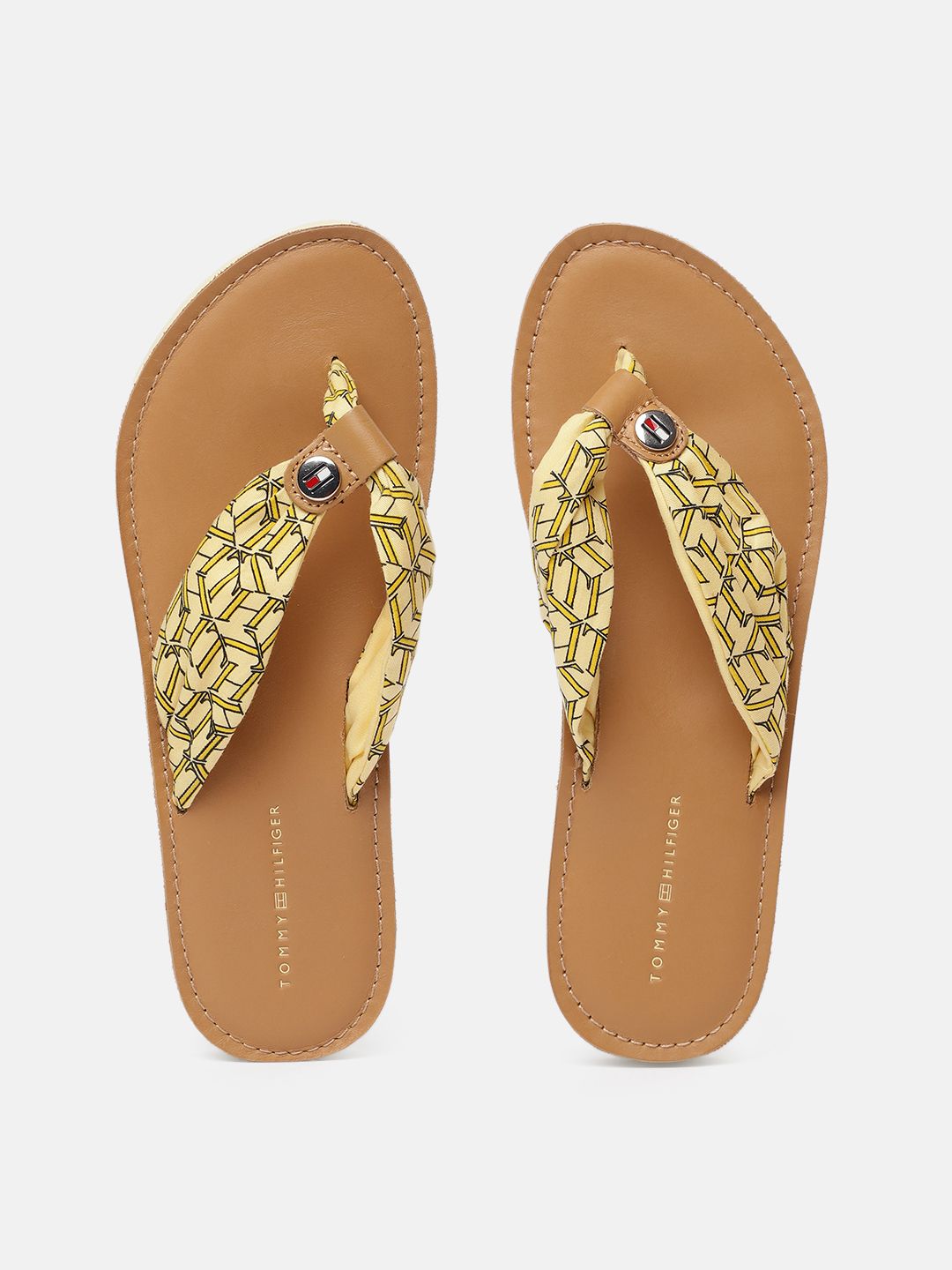 Tommy Hilfiger Women Yellow & Beige Printed Thong Flip-Flops Price in India