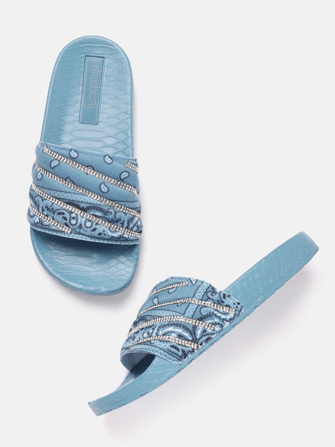 DressBerry Women Blue & Silver-Toned Printed & Studded Flip Flops Price in India