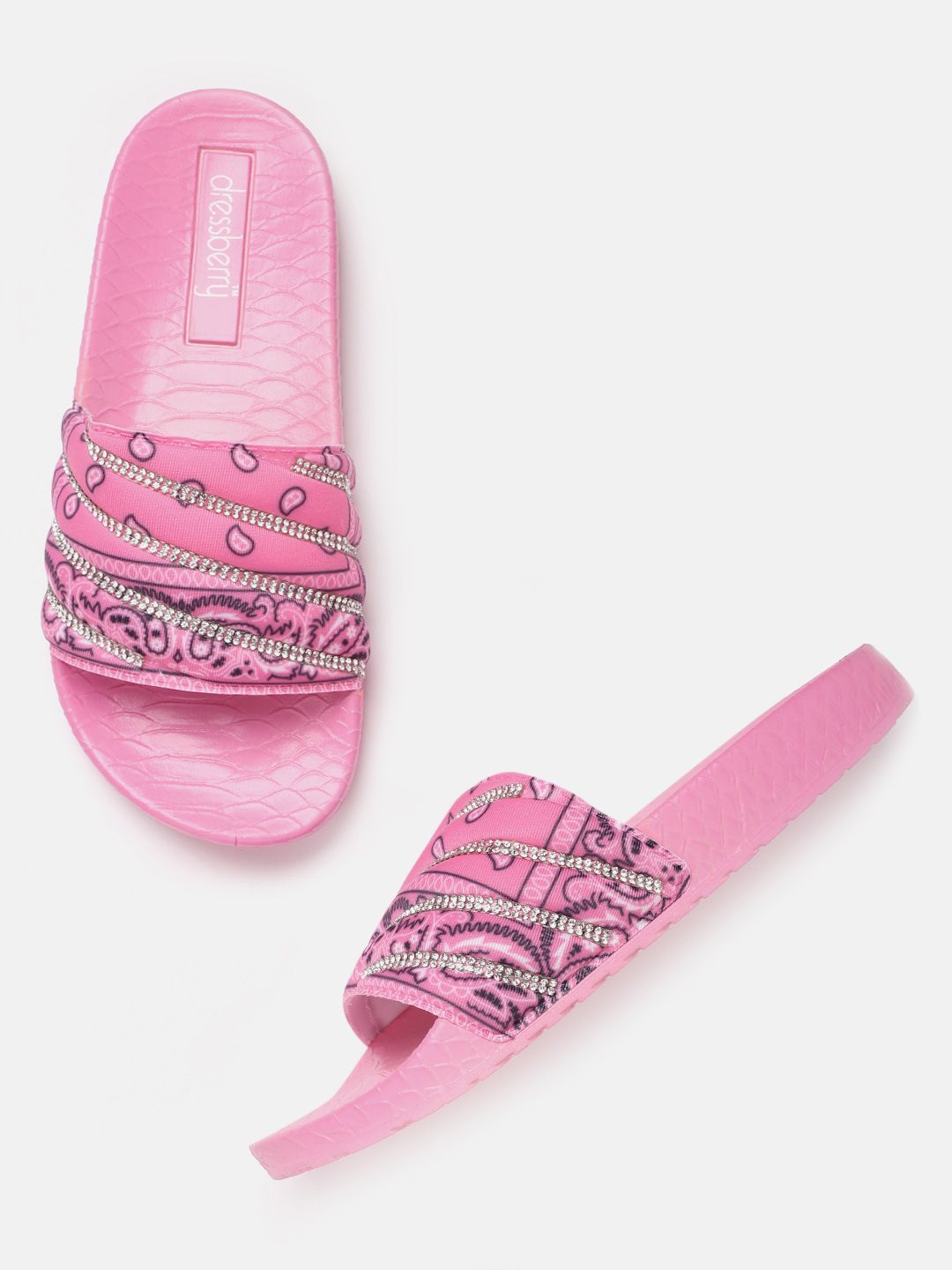 DressBerry Women Pink & Navy Blue Printed & Studded Flip Flops Price in India