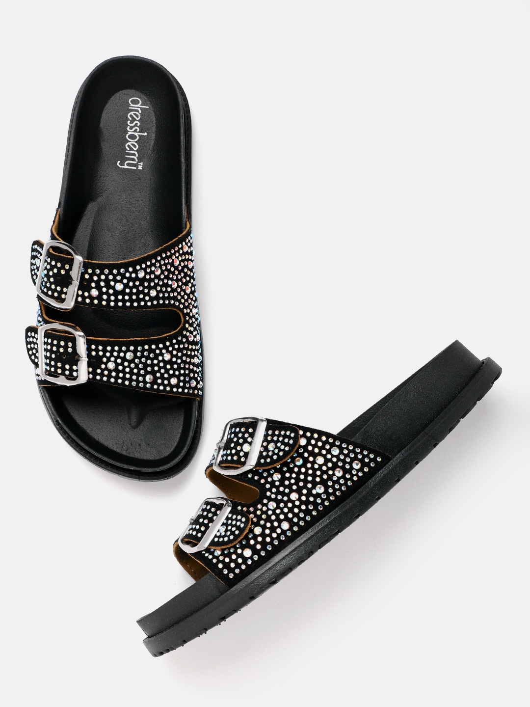 DressBerry Women Black & Silver-Toned Studded Flip Flops Price in India