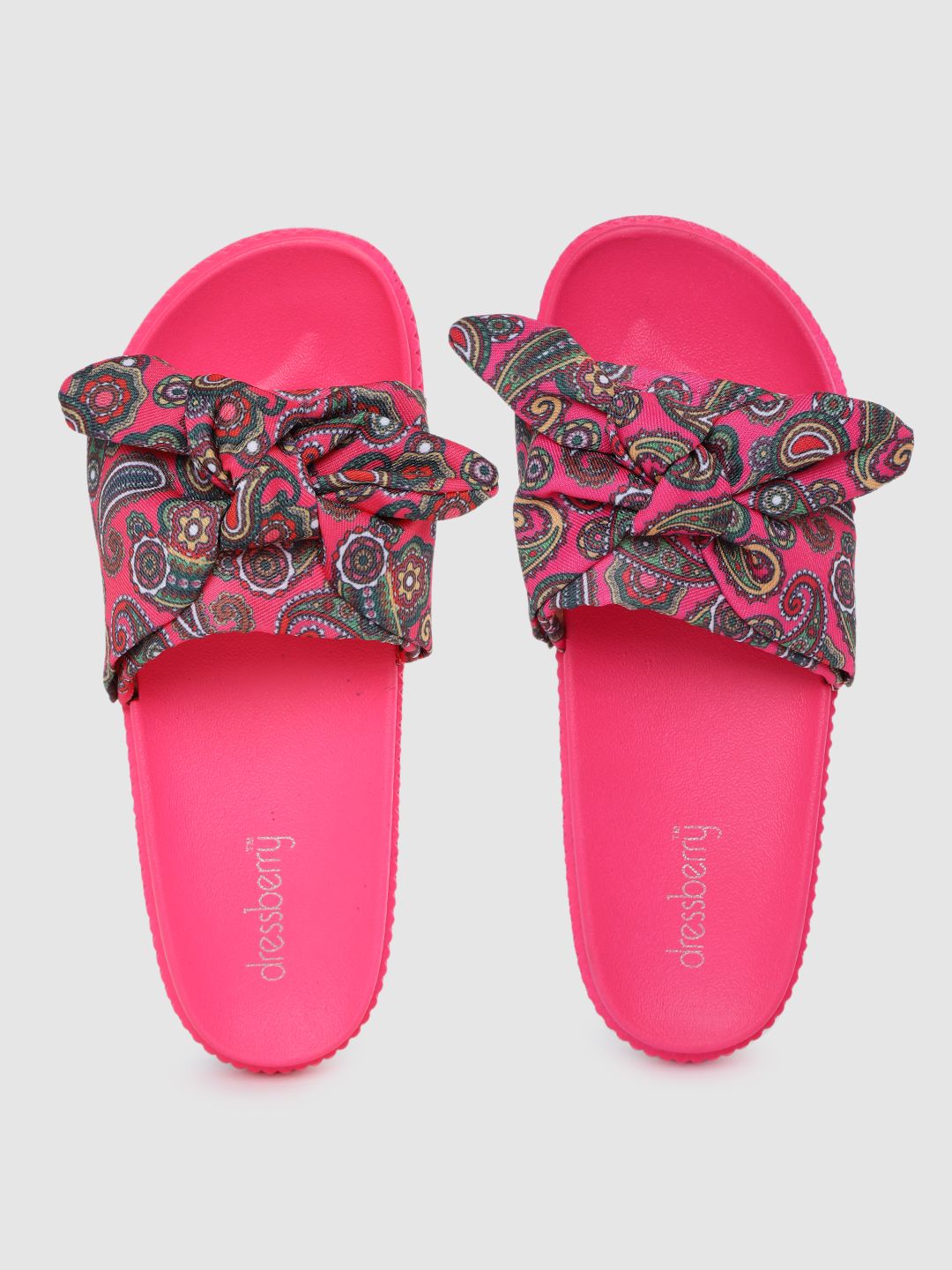 DressBerry Women Pink & Green Ethnic Motifs Print Sliders with Knot Price in India