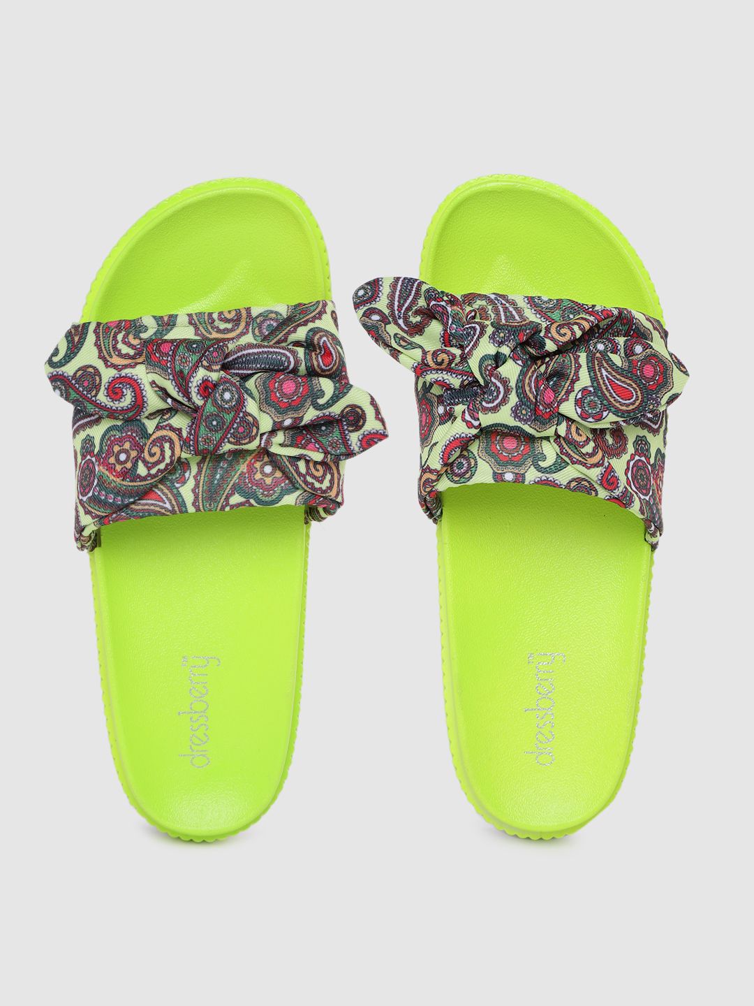 DressBerry Women Lime Green & Pink Ethnic Motifs Print Sliders with Knot Price in India