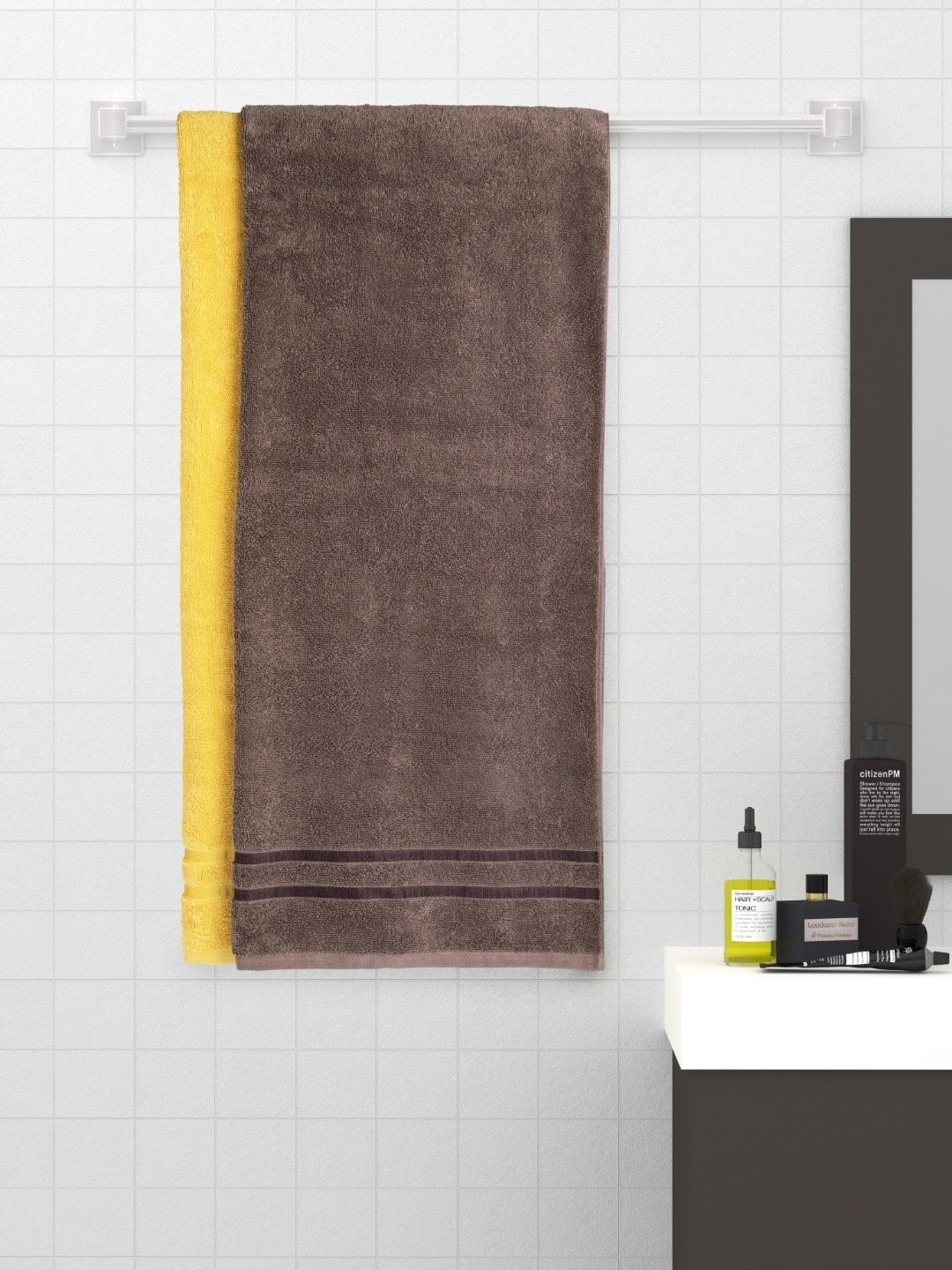SPACES Atrium Set Of 2 Brown & Yellow Solid 100% Cotton 500 GSM Bath Towels Price in India