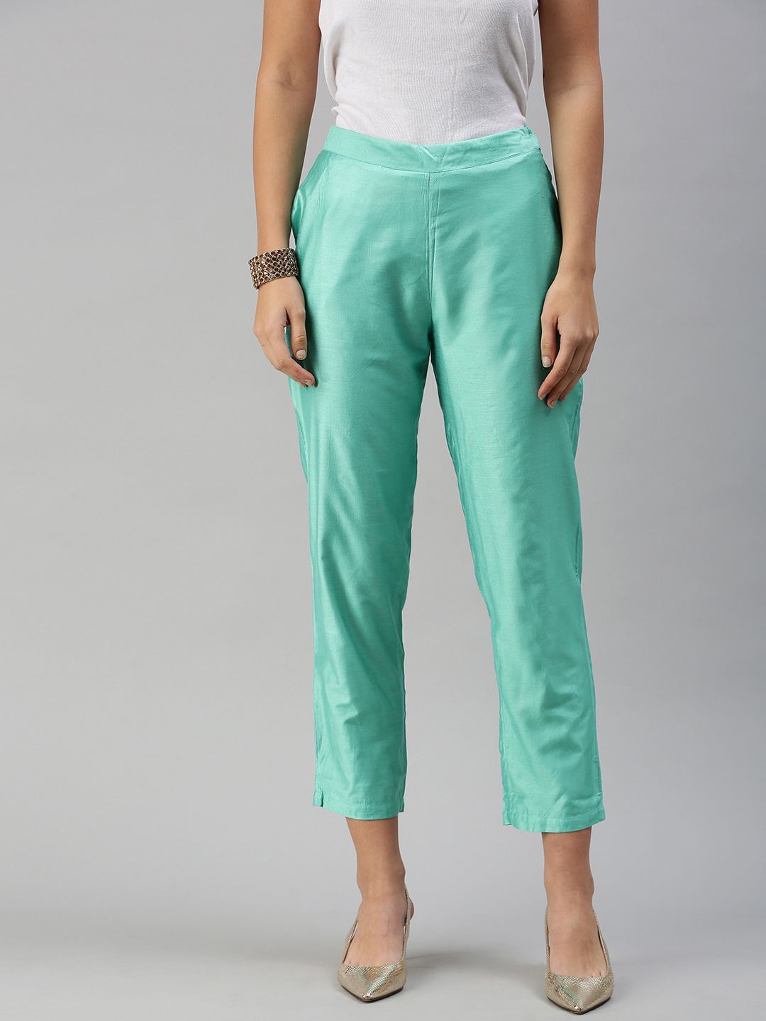 Global Desi Women Green Straight Fit Cigerette Trousers Price in India