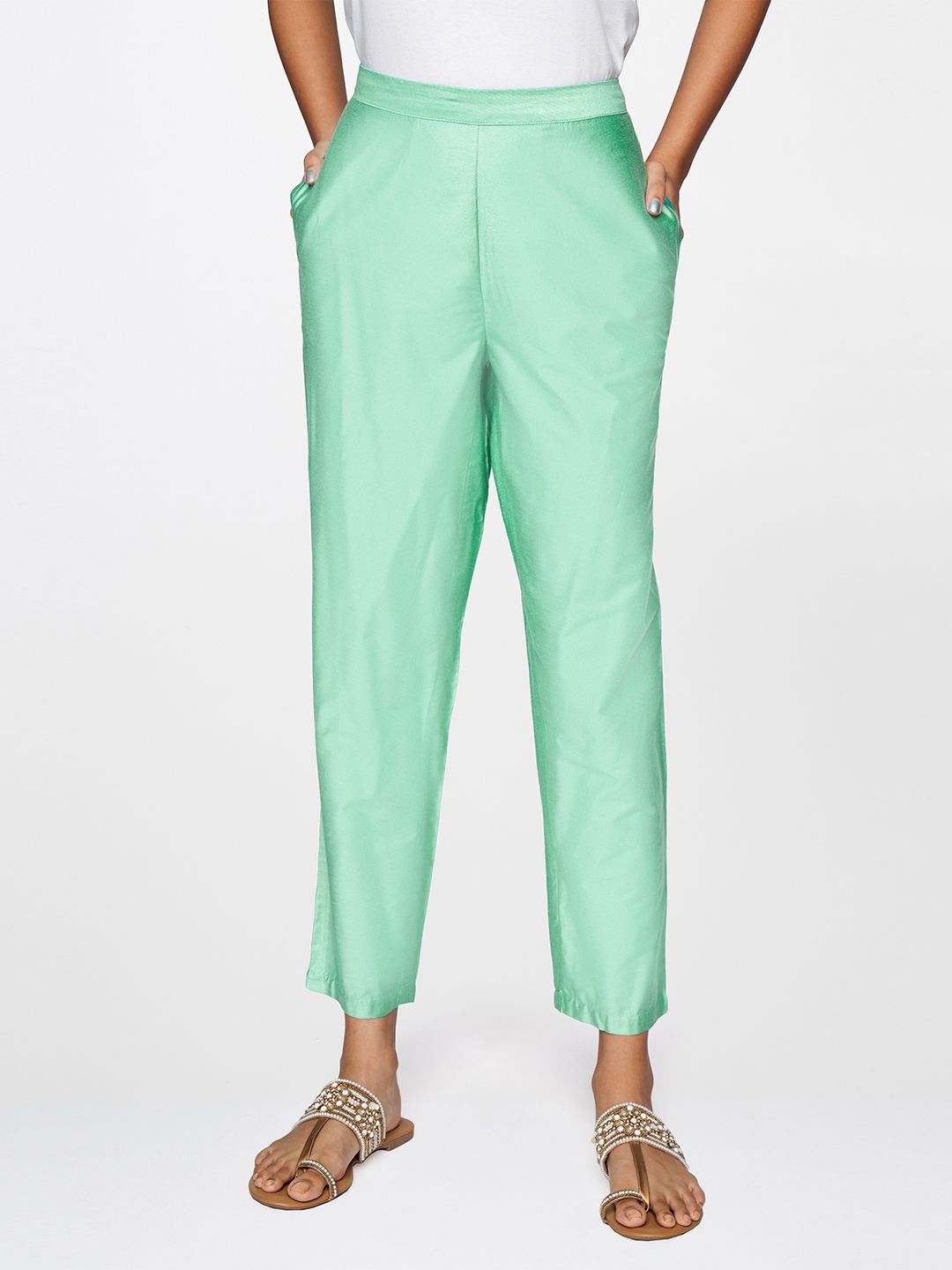 Global Desi Women Mint Green Solid Straight Fit Regular Trousers Price in India