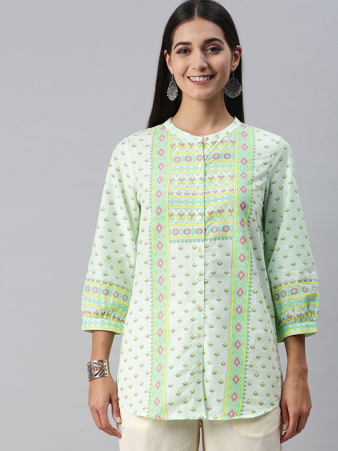 Global Desi Light Green Mandarin Collar Ethnic Printed Cotton Tunic Price in India