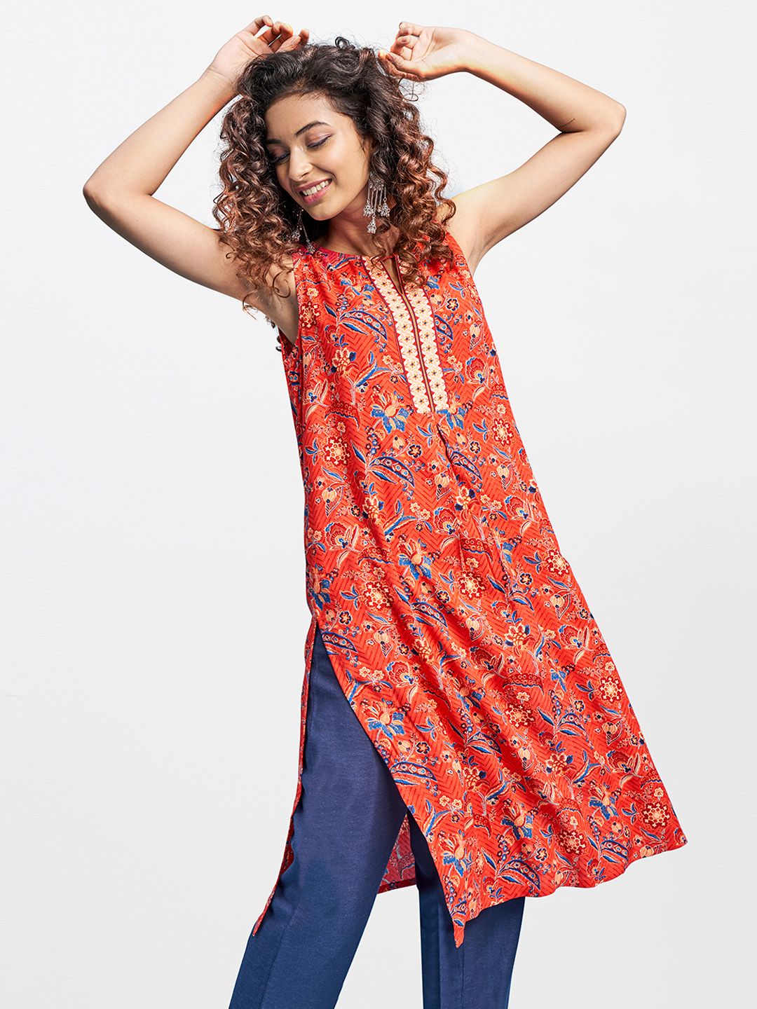 Global Desi Red & Blue Viscose Rayon Printed Tunic Price in India