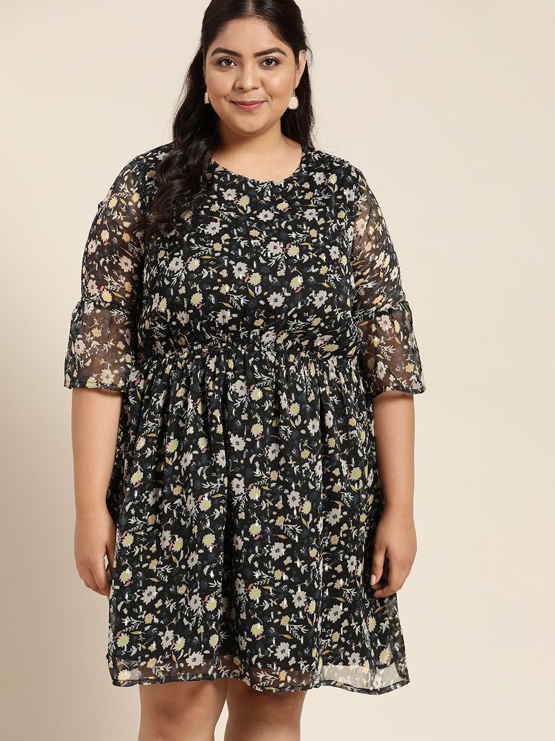 Sztori Plus Size Black & Off White Floral Print A-Line Dress