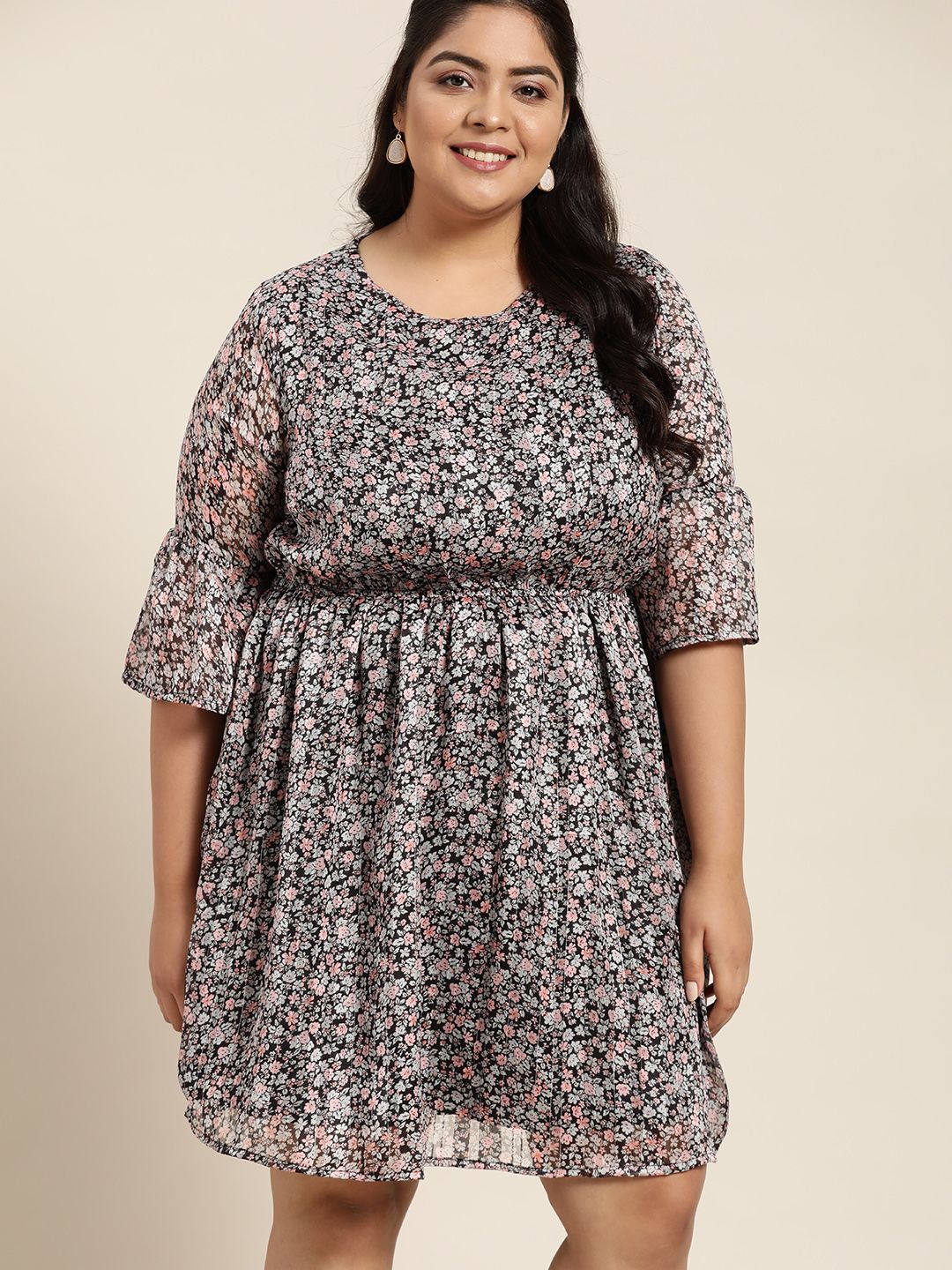 Sztori Plus Size Grey & Pink Floral Print A-Line Dress